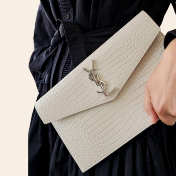 VERY RARE!! YSL SAINT LAURENT Crocodile Embossed Calfskin Uptown Monogram Clutch - Picture 7 of 16